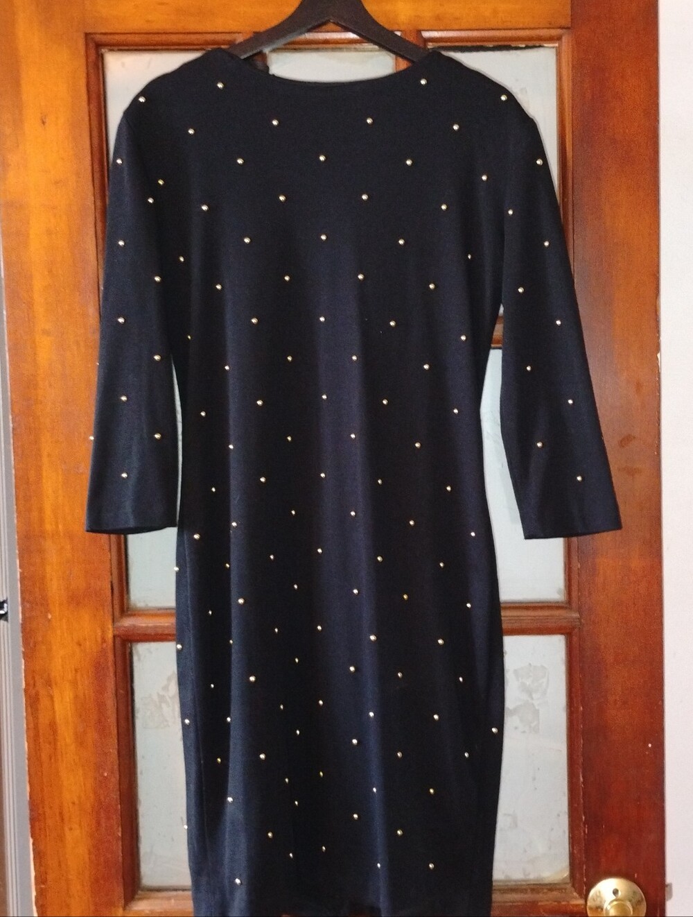 Black Long-Sleeve Shift Dress with Gold Stud Detailing